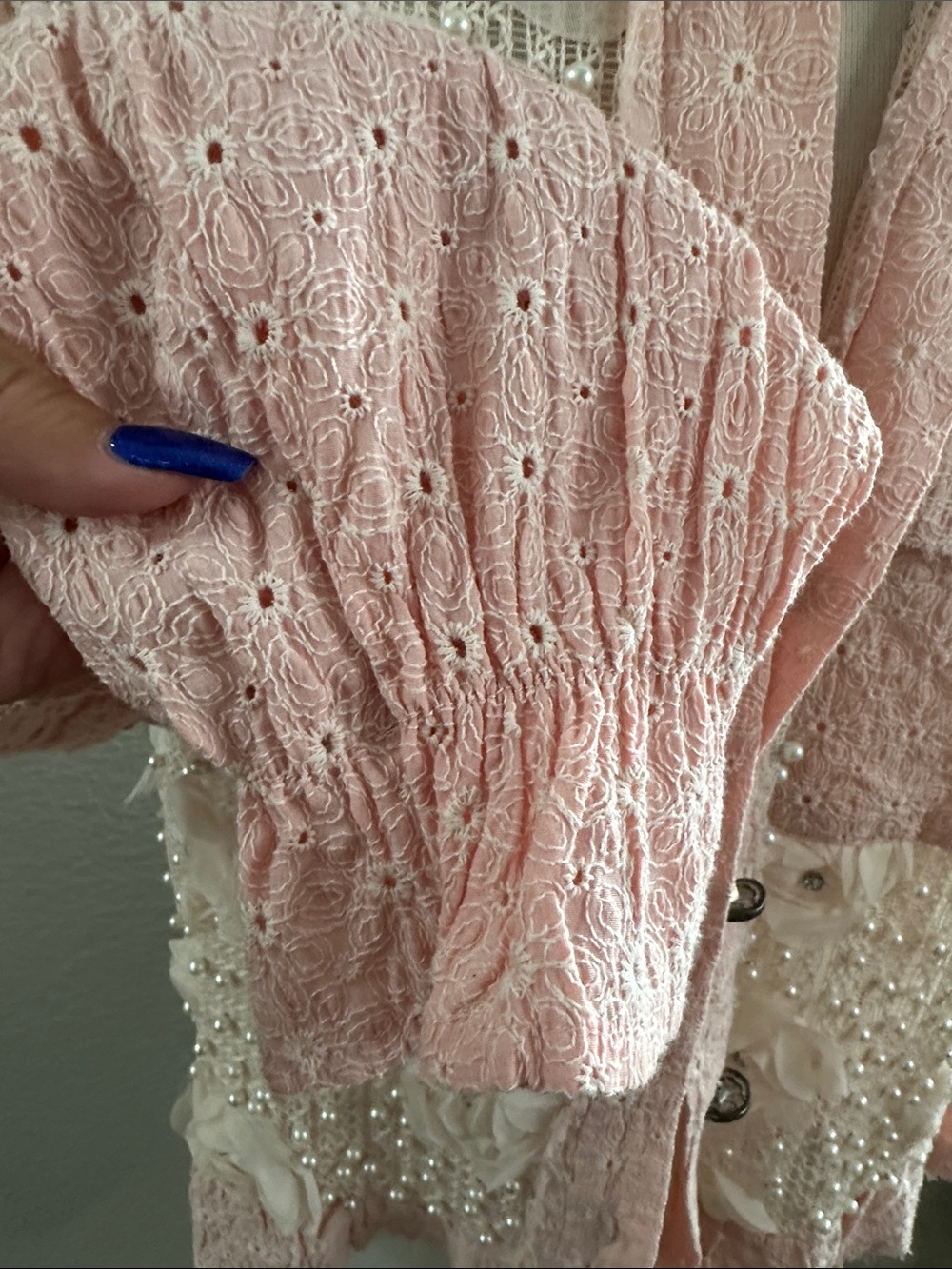 POL Lace Patchwork Pearl Embellished Floral Button Up Jacket - Picture 7 of 10
